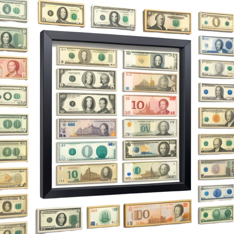 Icon for Banknote Collecting: old and new banknotes from different countries such as Euro, Dollar, Yen, Krona, Yuan, and others, displayed in frames on a wall. The icon should evoke the diversity and richness of currency collection. Transparent background. emoji