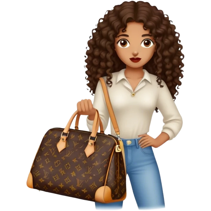 Medium Brown girl with long dark brown long curly hair carrying a Louis Vuitton bag on her arm emoji