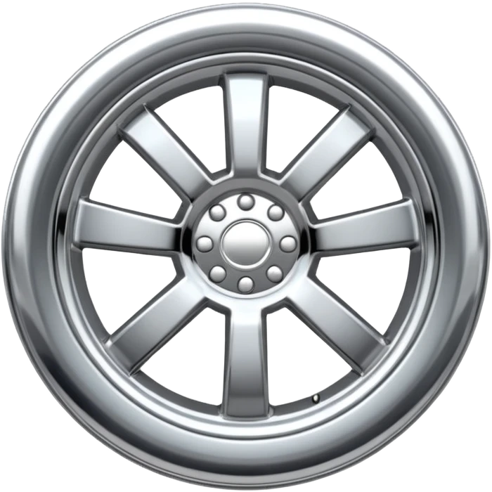 A chrome car wheel emoji, polished silver metal rim, smooth circular shape, minimal futuristic design, soft reflections, iOS emoji style, centered on white background, ultra clean look emoji
