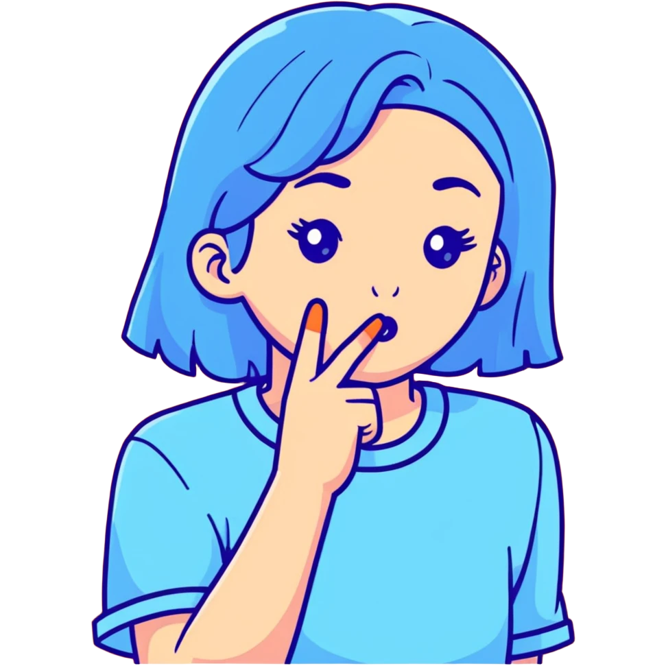 girl wearing pastel blue clothes with finger on lips making a quiet shh gesture emoji