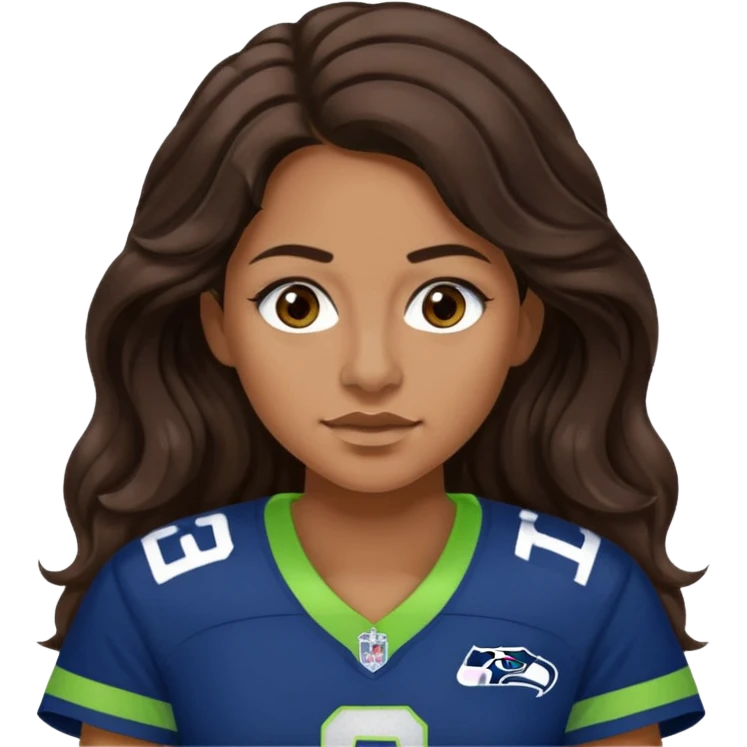 Long wavy Dark brown hair, brown eyes with small nose ring of seahawks fan women emoji