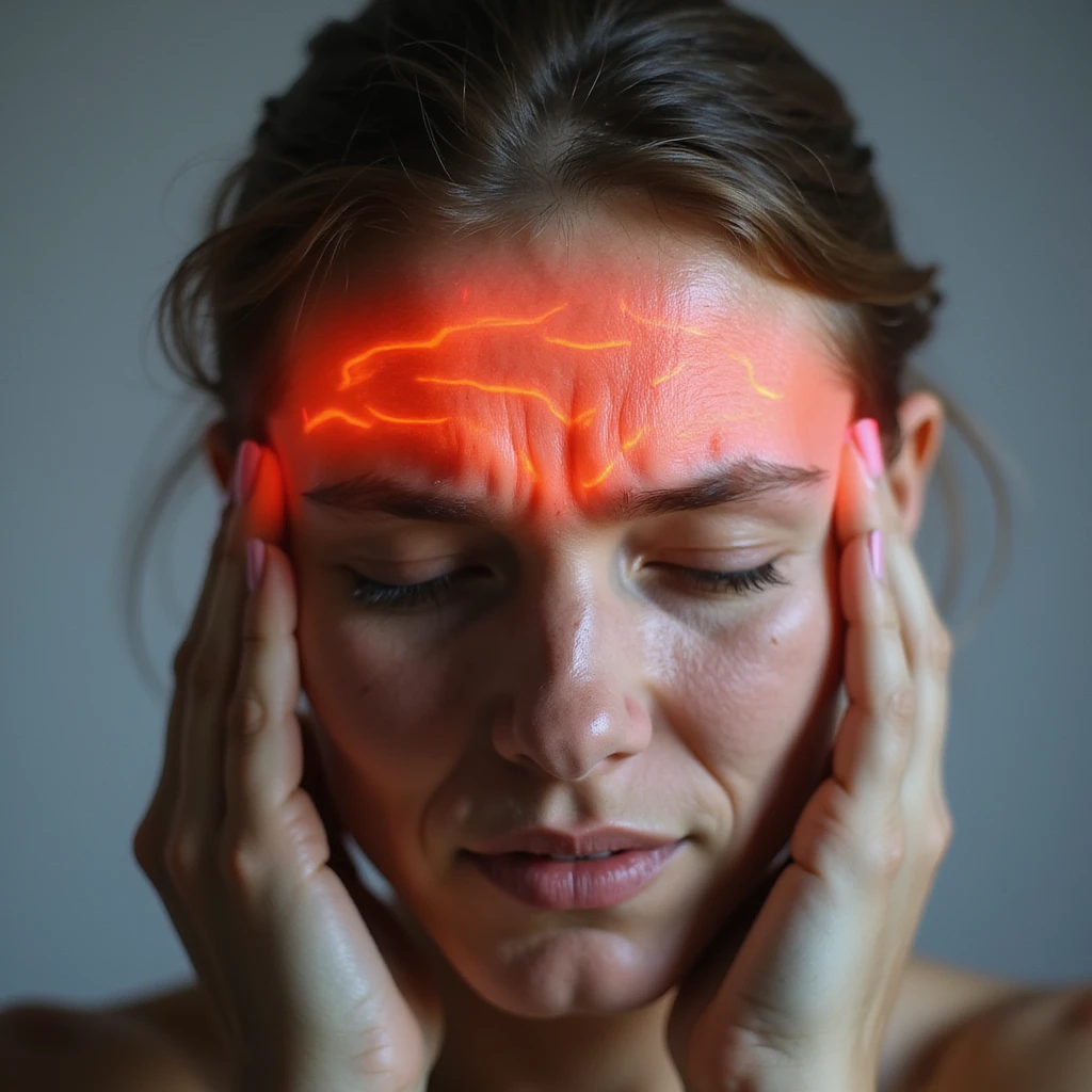close-up of a woman's face with strong headache pain expression, bright red glowing areas on forehead and temples, realistic style, neutral background emoji