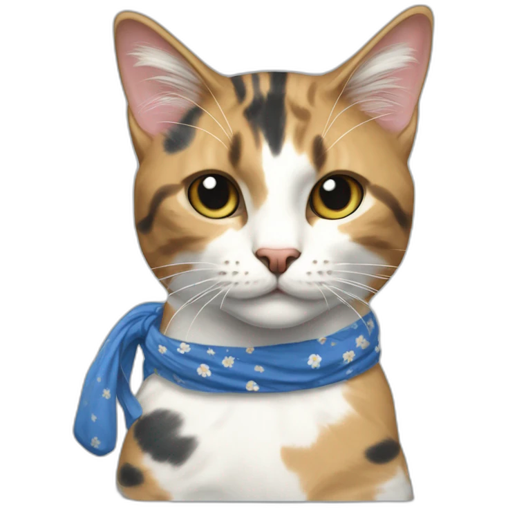 Purradise Meowscles is a buff calico cat  he has a mullet, a floral designed t shirt that is unbuttoned and blue and white stripped shorts emoji
