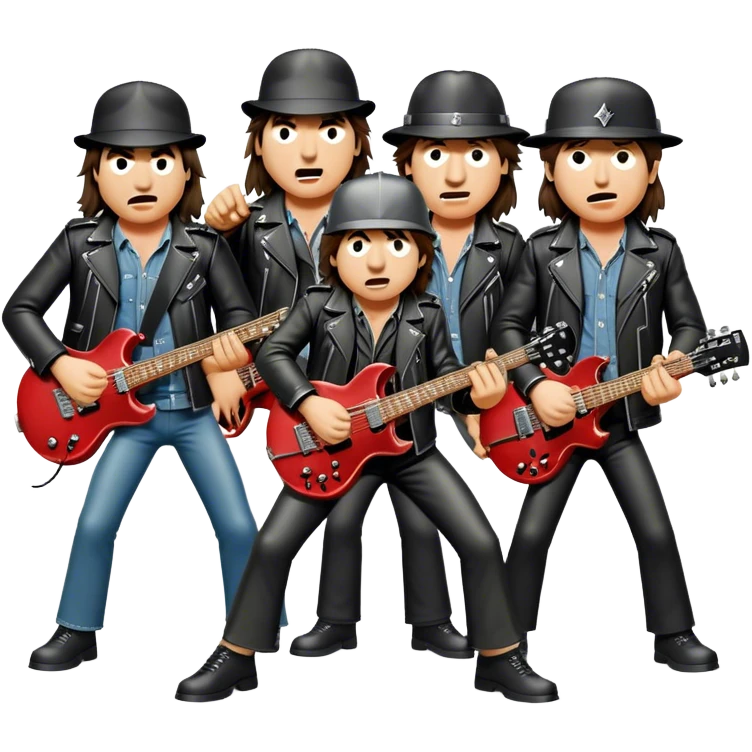 Cinematic Realistic AC/DC Band Emoji, depicted as a high-energy rock ensemble with electrifying stage presence and gritty textures, rendered with bold vibrant lighting that captures the raw power and rebellious spirit of their music. emoji