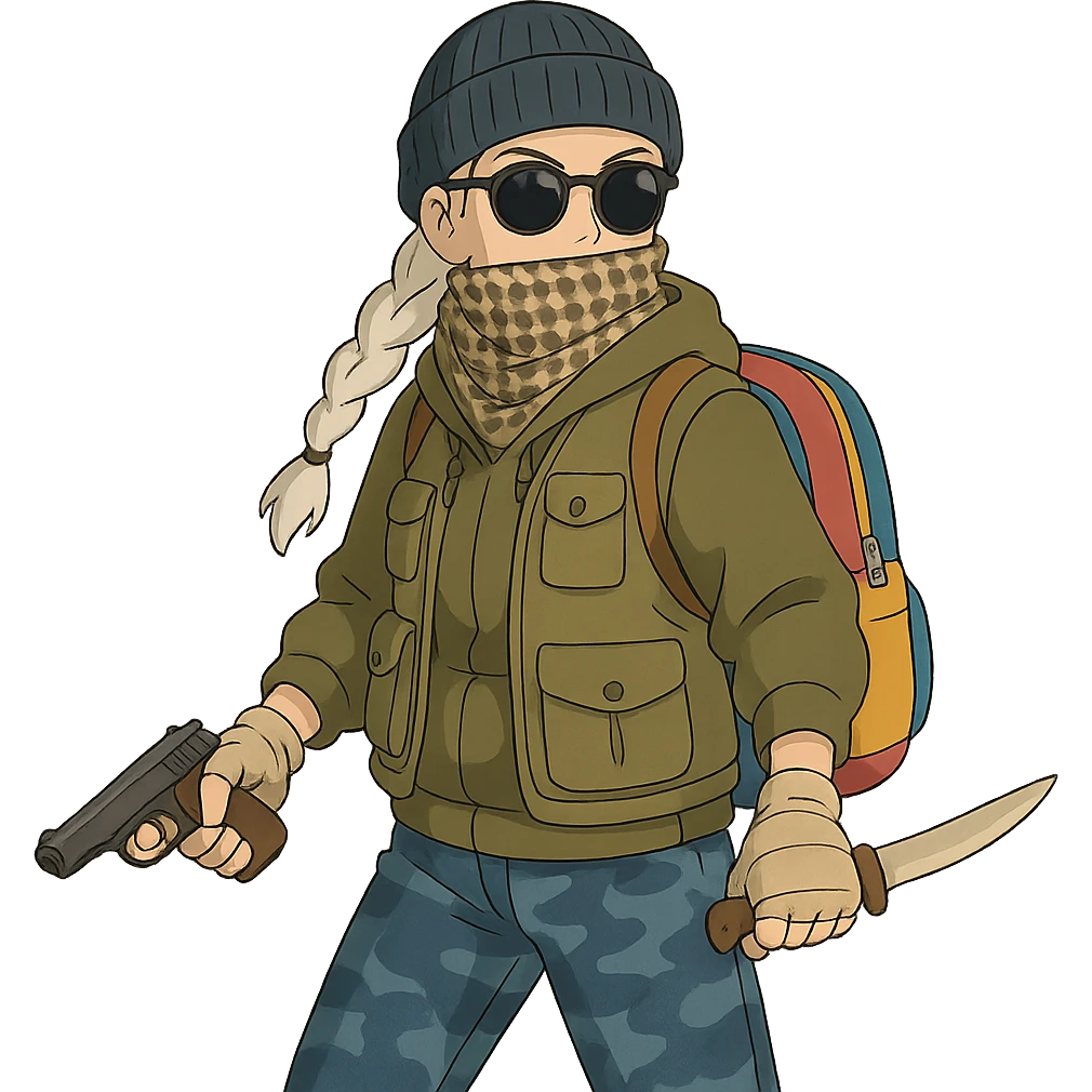 1 female, long white braid, knit cap, dark sunglasses, shemegh neckwrap, fishing vest, vibrant shool backpack, drab hoodie, handwraps, blue camo pants, makarov in 1 hand, bone shiv up and fighting backhand in the other hand emoji
