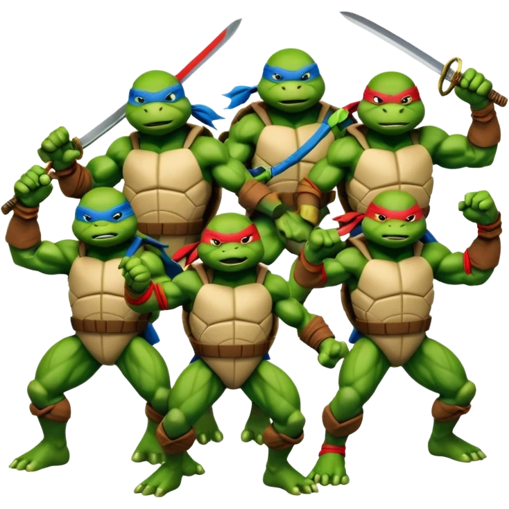 Give me a picture of 4 teenage mutant ninja turtles. Make them hold a fighting pose. emoji