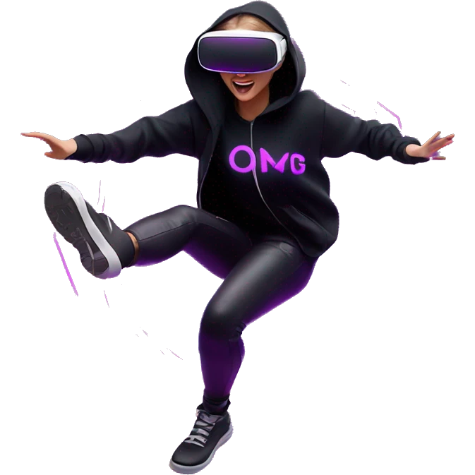 Russian girl wearing black hoody with violet letters "OMG", in vr headset oculus quest2. jumping. Cyberpunk style. Violet neon. emoji