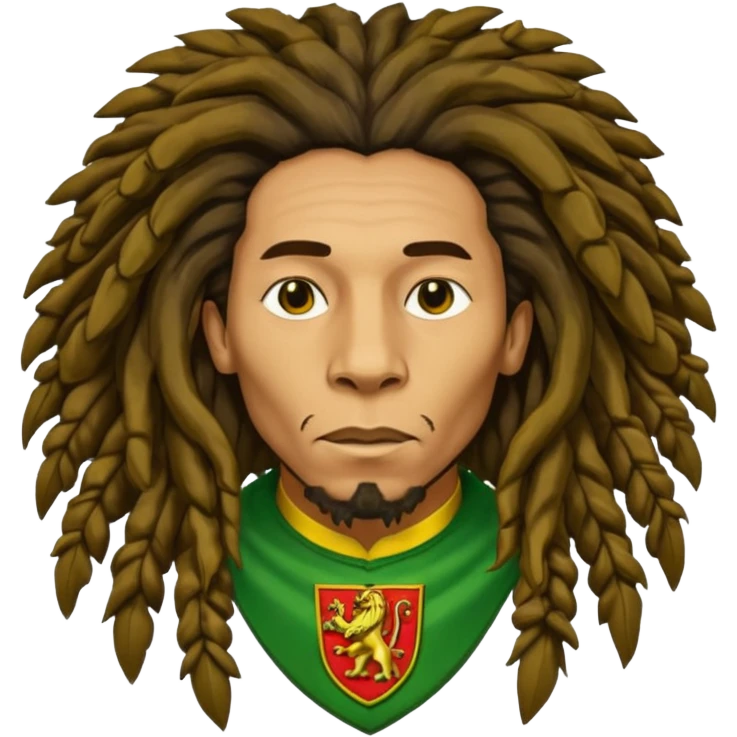 very realistic Bob Marley with gigantic dread locks in form heraldic crest with lion emoji
