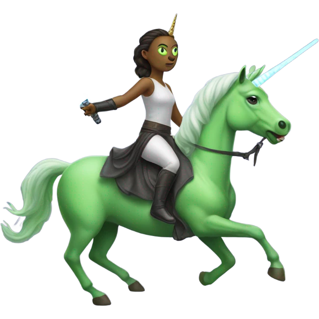 a unicorn with a green alien woman on it holding a lightsaber emoji