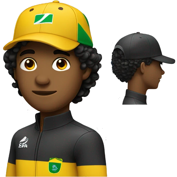 young guy with small wavy hair brazilian race suit with side profile and hat without smile emoji