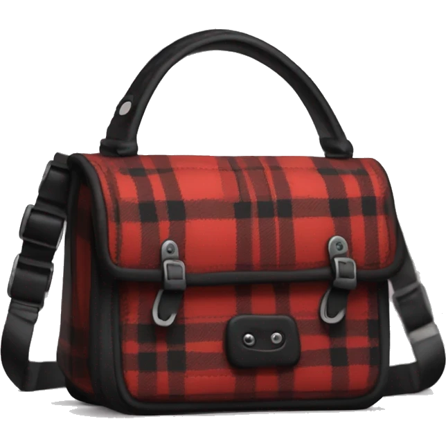 red plaid shoulder bag with black buttons and black straps and tiny black rims tones and a mini black bow on one strap emoji