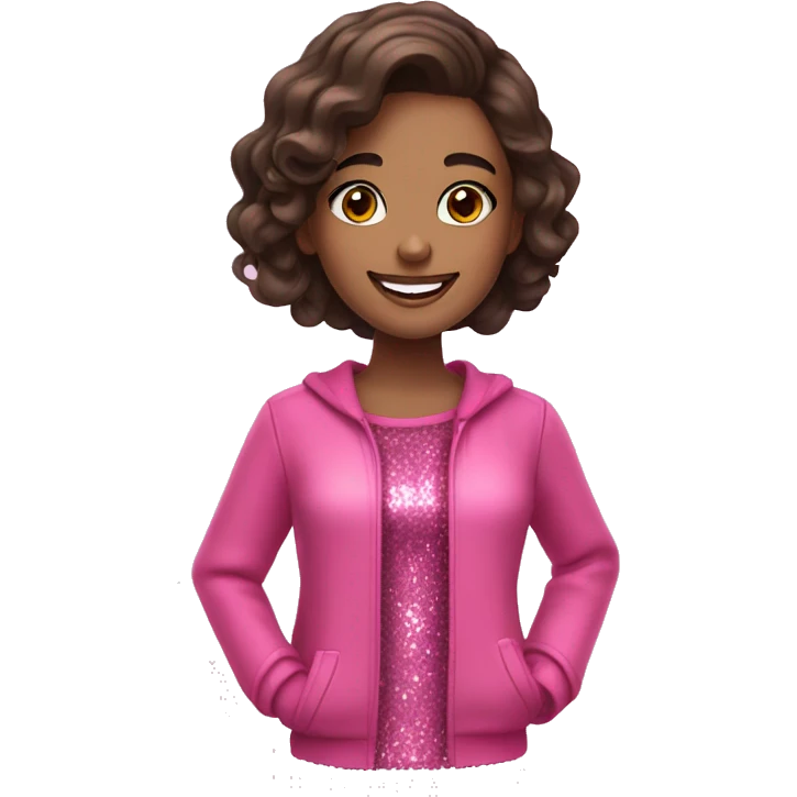 brunette girl with makeup and pink glittery clothes smiling emoji