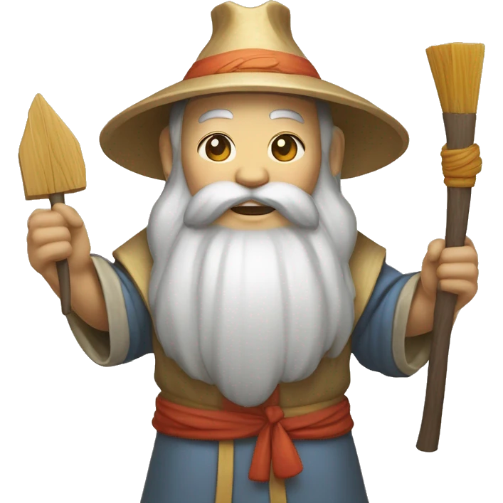 Lu Ban is a legendary figure in Chinese mythology, depicted as a clever craftsman often wearing wide robes, a broad-brimmed hat, and carrying woodworking tools. 🛠️🎩👕 emoji