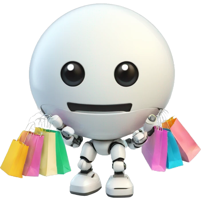 cute white floating spherical happy robot with floating shopping bags emoji