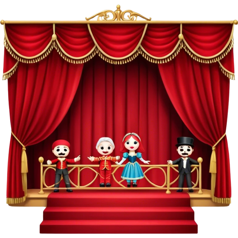 Icon for Puppet Theater: a puppet stage with curtains and marionettes performing on stage. The icon should represent the charm and artistry of puppet theater, with focus on the puppet and the stage setting. Transparent background. emoji