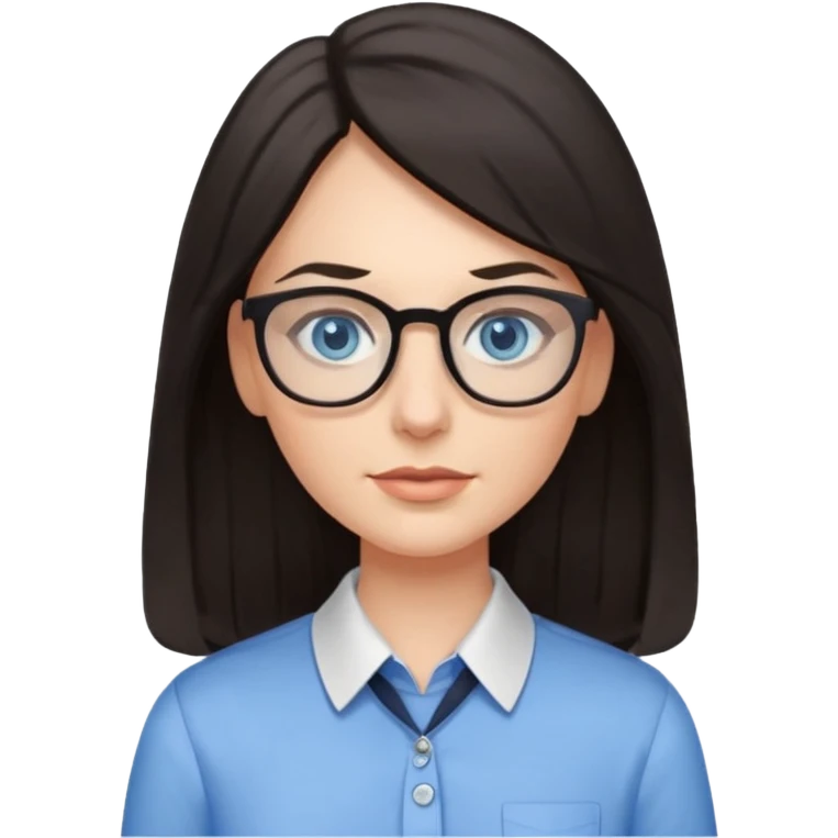 long dark hair, blue eyes, glasses teacher female, eyelashes emoji