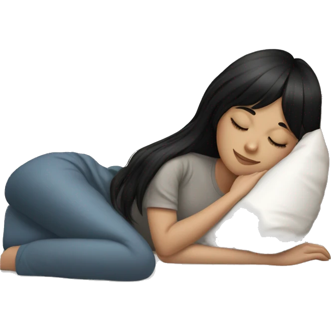 Woman pale skin black hair with bangs sleeping in bed with pillow, white woman emoji