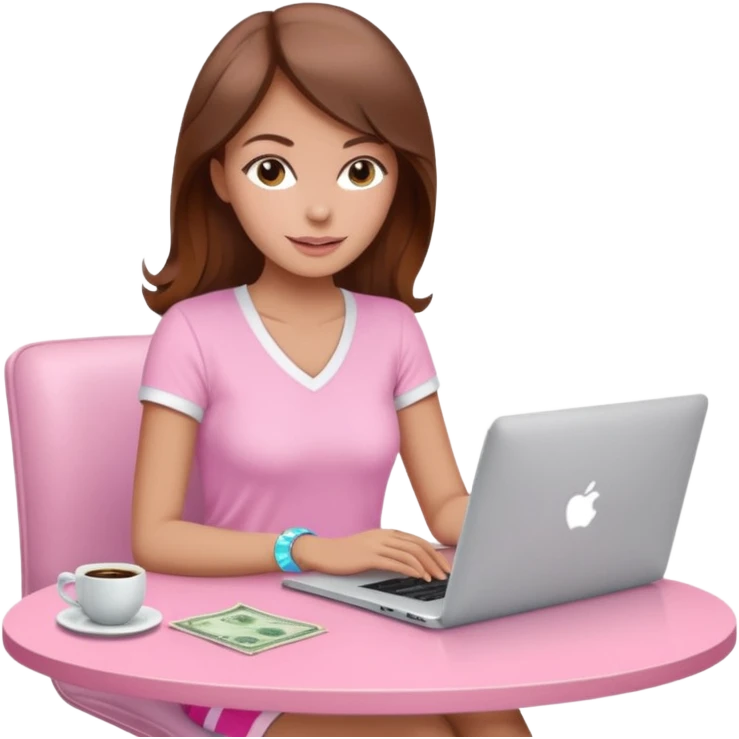  woman character with laptop and coffee relax table, dollars are floating, colorful pastel pink outfit, white laptop, brownn hair, fair skin,  emoji
