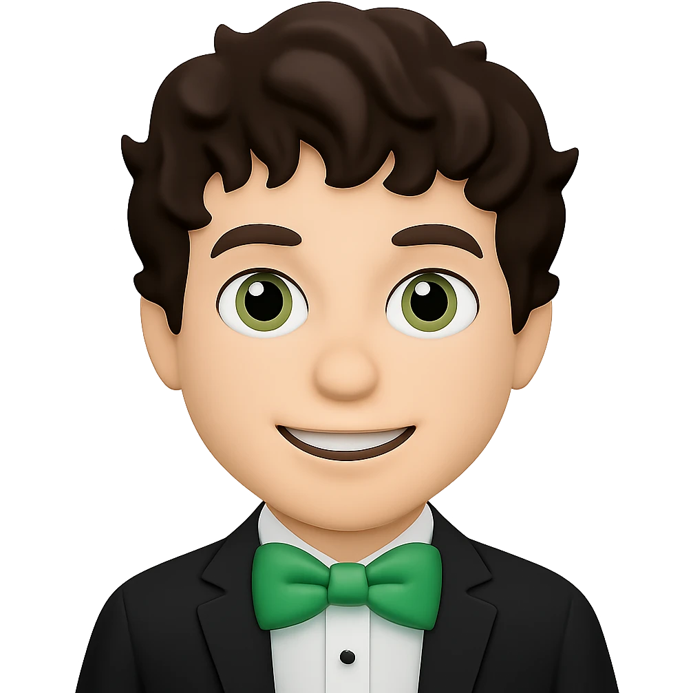 Change the man's hair to wavy hair, keep the man with green bow tie, in apple emoji style, with no background. emoji