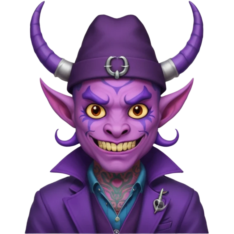 purple demon with tattoos, hat, jacket and horns emoji