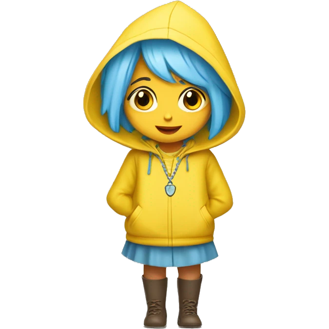 Cute little girl with light blue hair wearing a yellow raincoat hood up with rosary  emoji