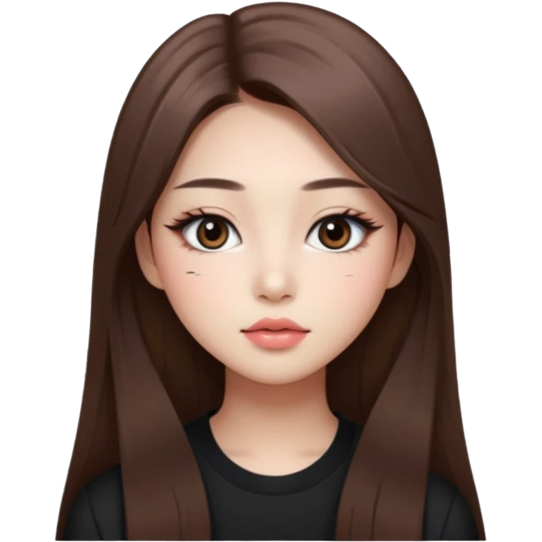 “korean straight long brown hair Emoji girl, soft eyeliner and blush, gradient lips, light brown shimmer eyeshadow emoji