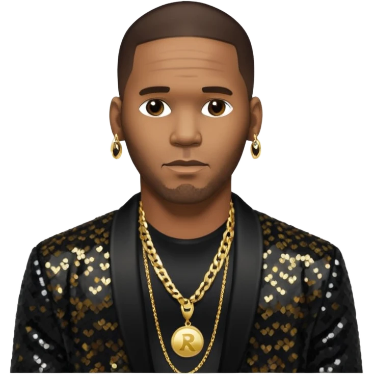R. Kelly with dark brown hair, black sequin jacket, shirtless with necklace emoji