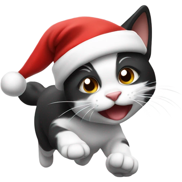 Running black and white cat wearing a Santa hat  emoji