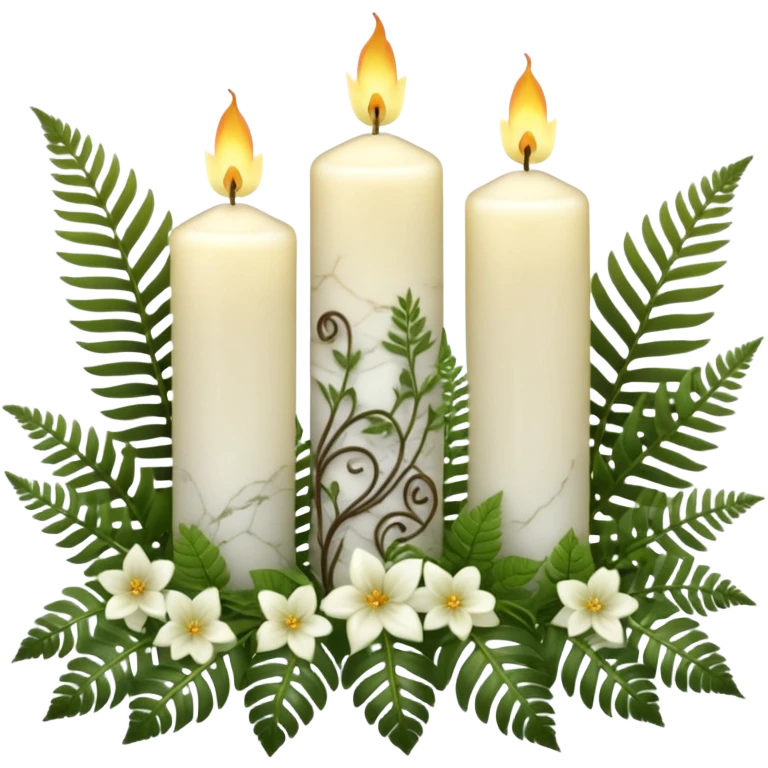 Aesthetic scenic beautiful gorgeous holy divine spiritual pretty elegant sparkly shiny scene of Candles, flowers, marble stone, lush vines, ferns, scenic aesthetic scenery emoji