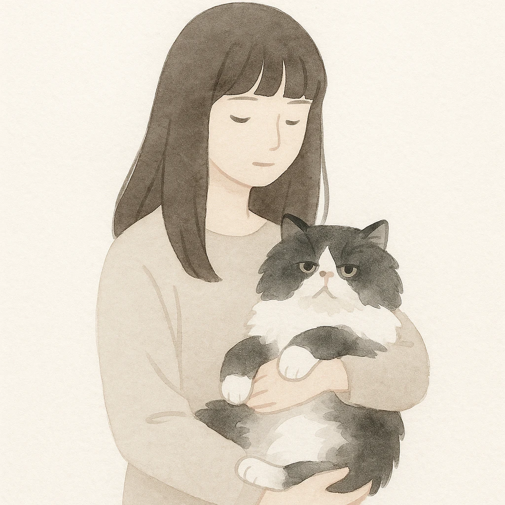 a girl with long, dark brown hair and bangs, carrying a black and white fluffy Persian cat, soft painterly style emoji