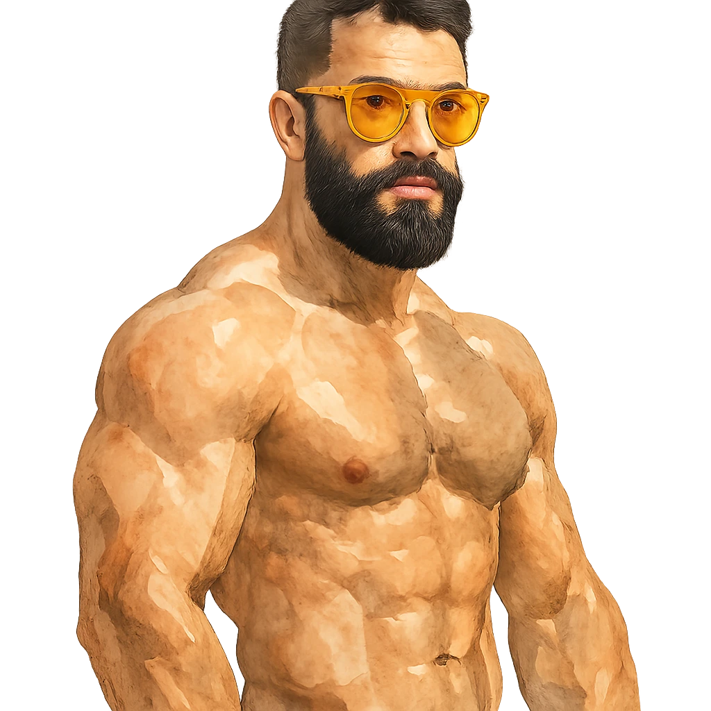 watercolor style muscular man with black beard wearing yellow sunglasses emoji