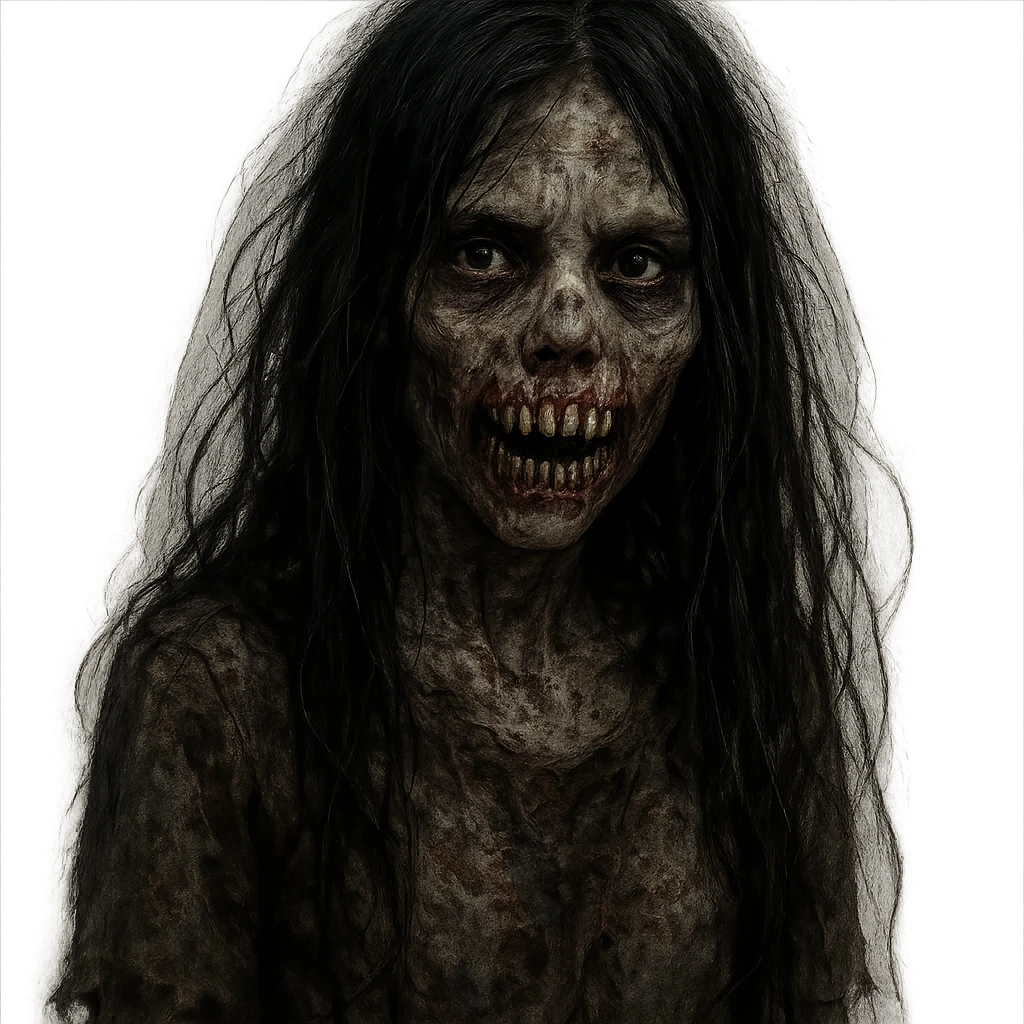 girl zombie with black long hair and teeth, variation, detailed and creepy emoji