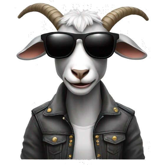 biker, long grey goat tee with short hair and dark sunglasses emoji