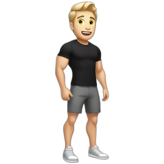 amazed Open with surprise mouth Pale skinned Fit Man With the biceps and dark brown hair in black shirt, gray sports shorts and white Sneakers emoji