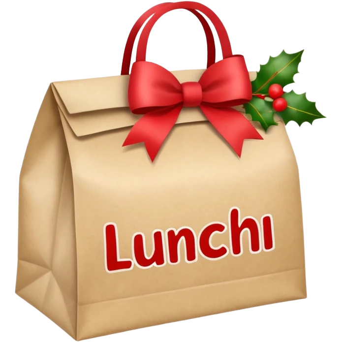 christmas paper lunch bag with the word lunch on it and a bow emoji