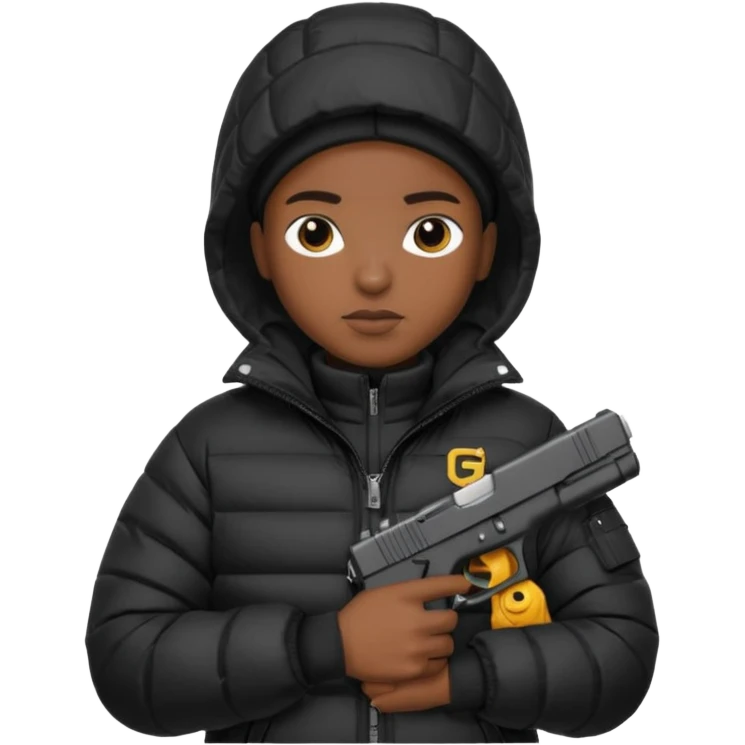 african american wearing a black puffer jacket with the hood on and holding a glock 26 emoji