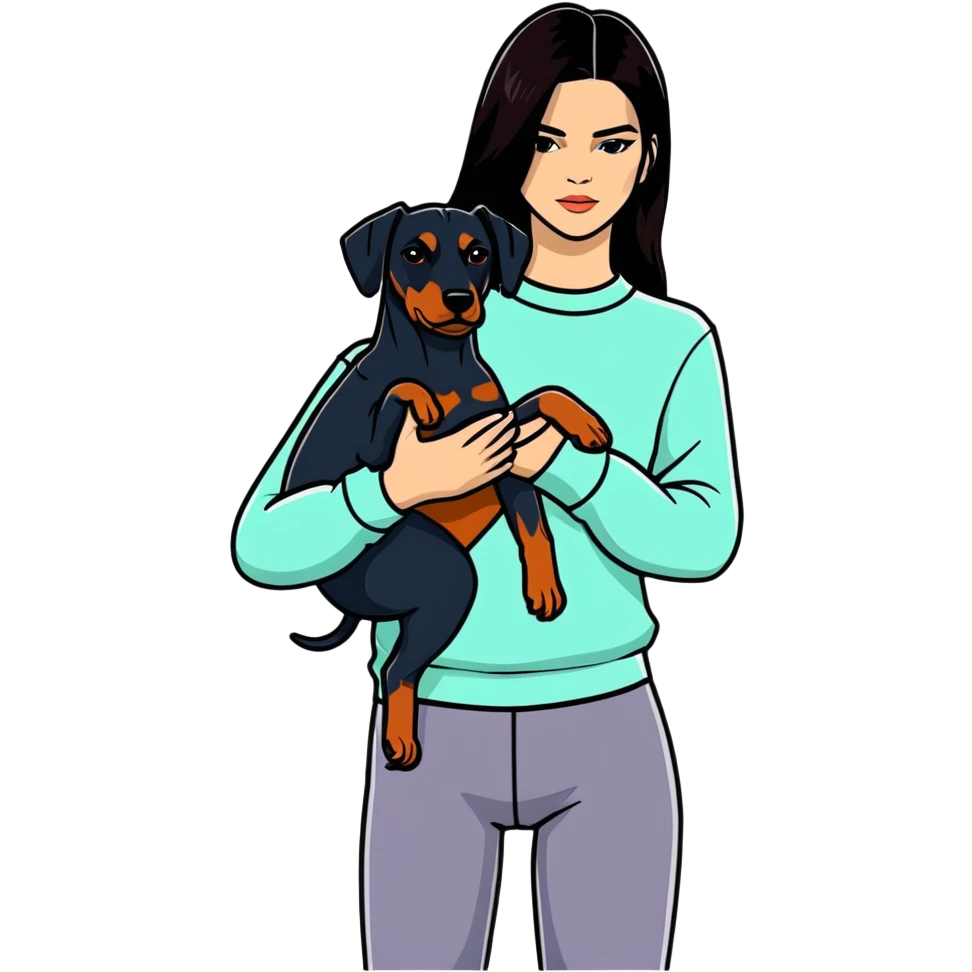 Kendall Jenner with long dark hair holds a Doberman Pinscher in her arms emoji