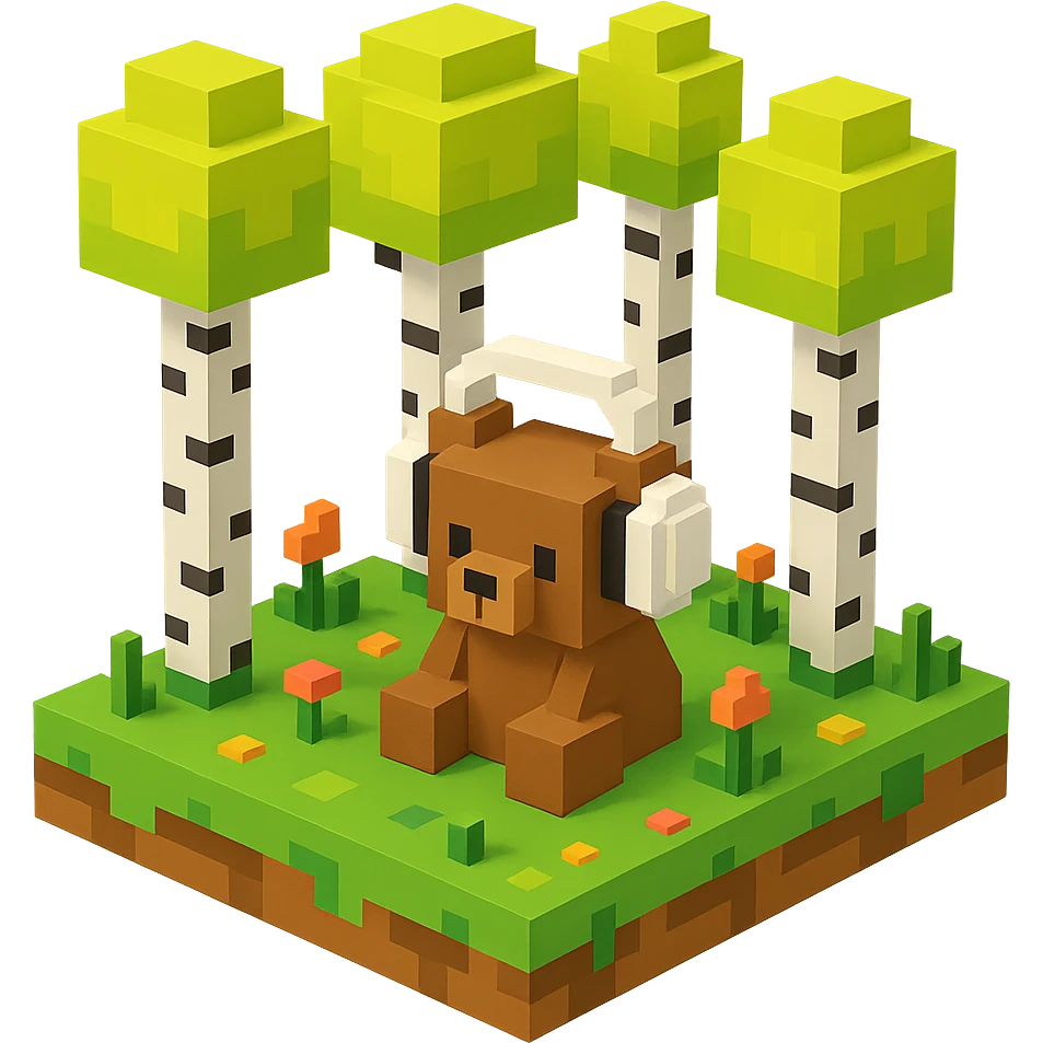 березовый лес, в котором сидит бурый медвежонок в белых наушниках (наушники должны закрывать уши медведя), no background  emoji