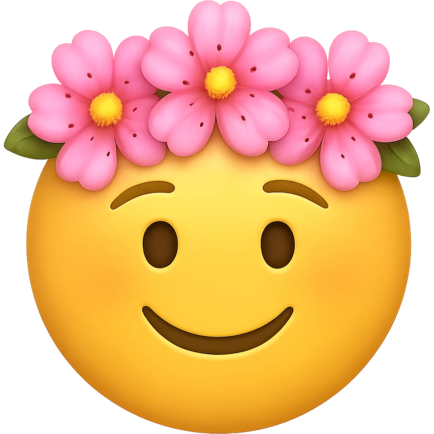 yellow face with pink flower crown emoji, digital illustration, remove background emoji