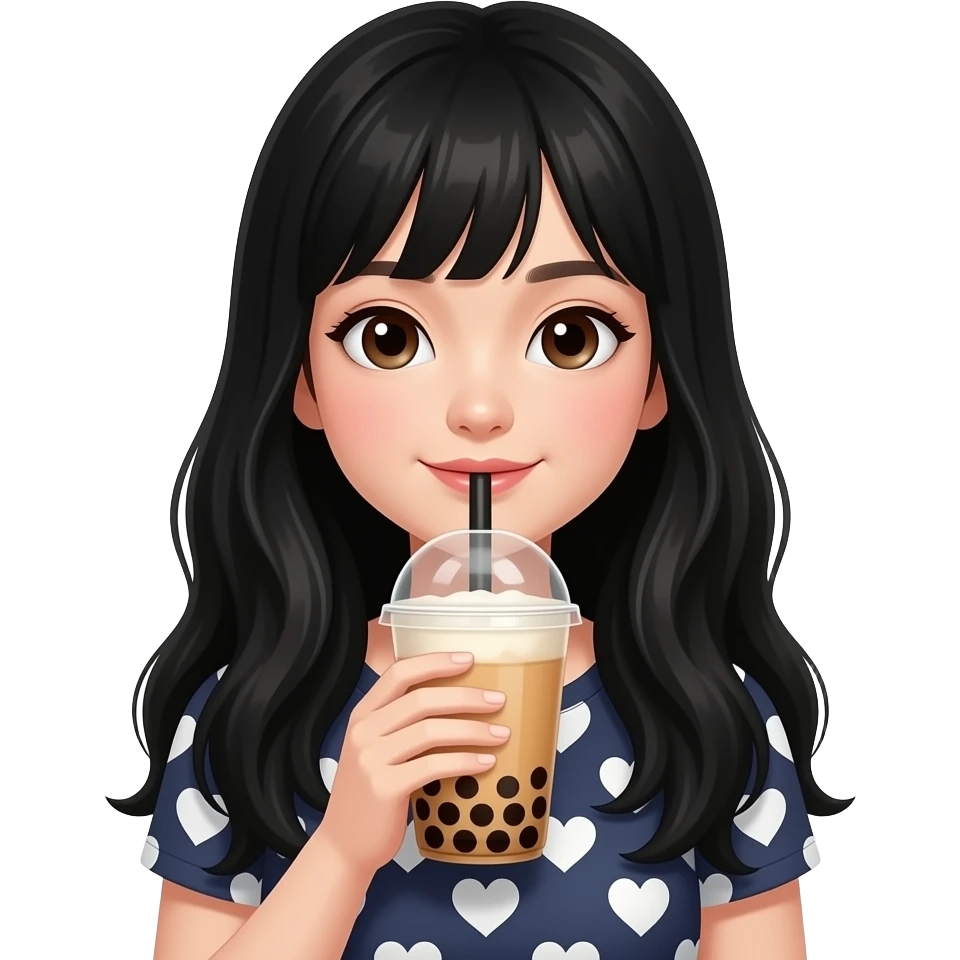 Asian girl long black hair hearts drinking boba emoji