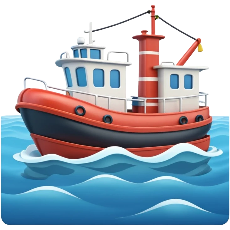 A 3D cartoon tugboat towing another boat on calm blue water, soft waves, clear sky, Memoji-style. emoji