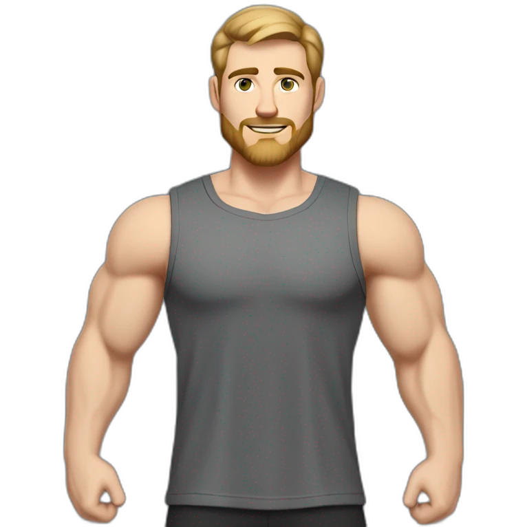 Full height Pale skinned fit man With biceps, Realistic eyes and mouth, light brown hair and stubble In dark gray sleeveless mike, black oversize sports shorts, watch and white sneakers. emoji