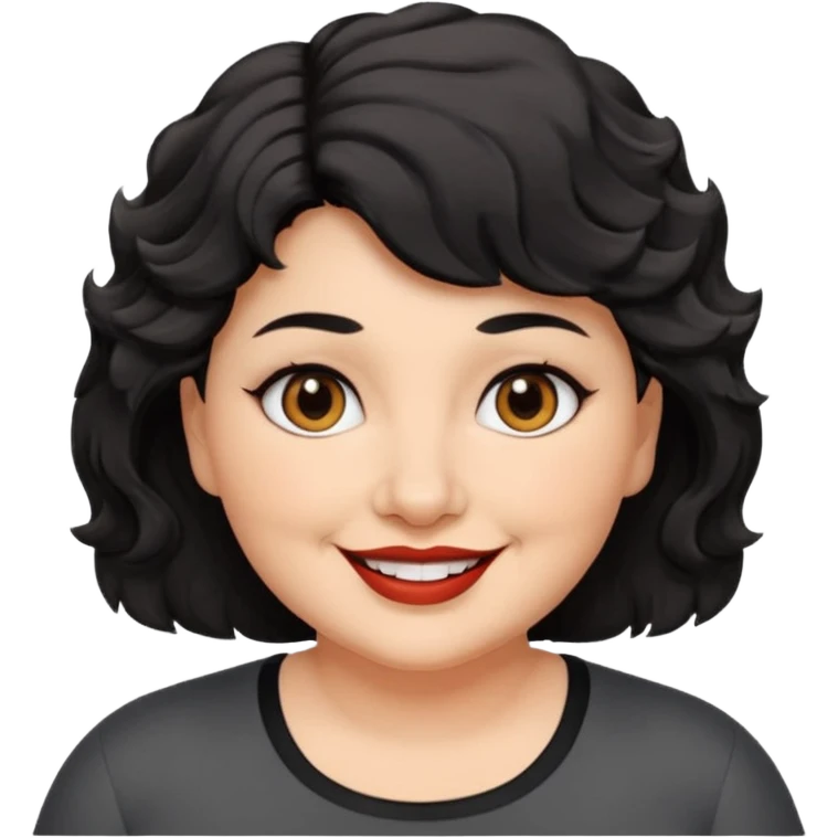 woman 60, brown eyes, very short black wavy wolf cut hair, chubby smile emoji