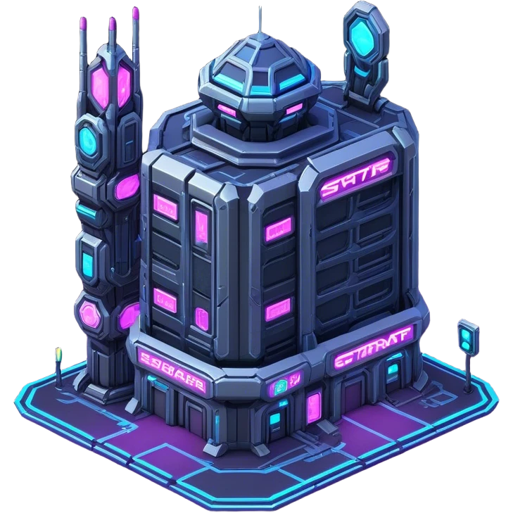 StarCraft-inspired, sci-fi, isometric RTS, cyberpunk building, neon lights, rugged terrain emoji