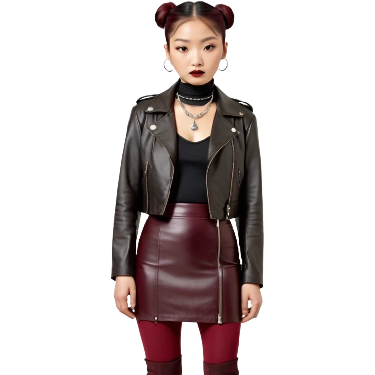 Apple emoji style. Full-body East Asian woman with a single sleek bun below the ears. Oversized hip-length black leather jacket, black turtleneck, silver Vivienne Westwood orb necklace. Low-waist A-line burgundy leather skirt, burgundy tights, red long boots. emoji