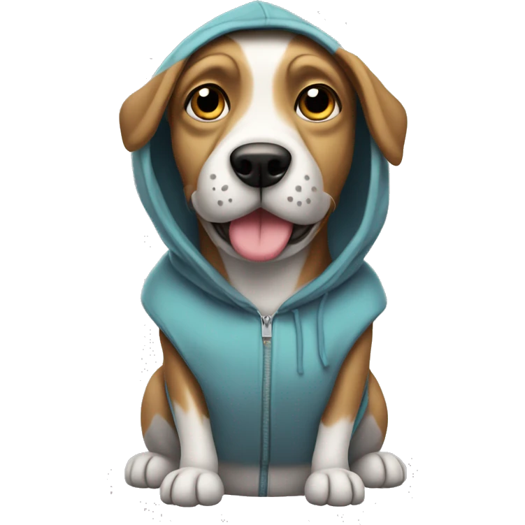 Dog wearing hoodie with Protien shake emoji