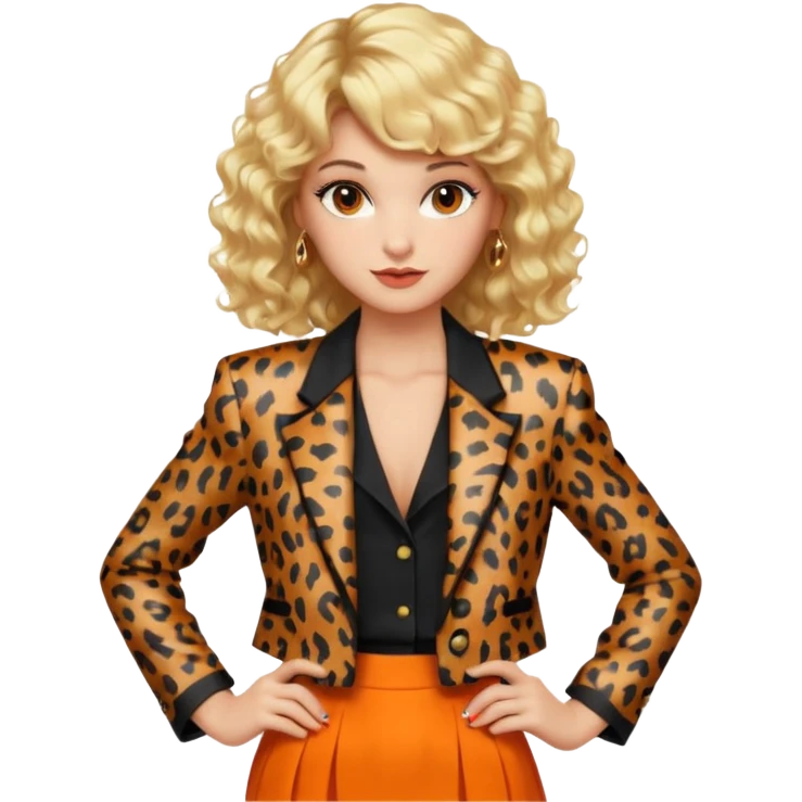 Blonde woman with an 80s-style hairstyle, with curls and bangs, animal print blazer, black top and orange skirt, all very 80s style, brown eyes, 80s makeup emoji