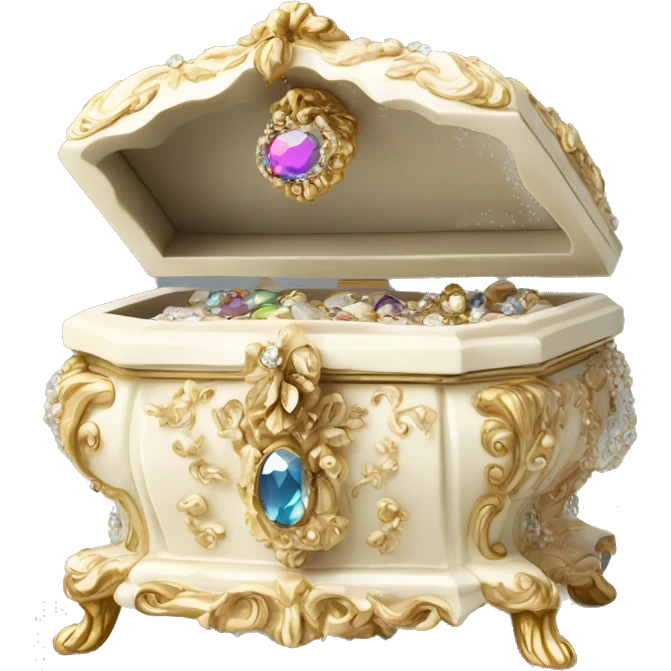 Ivory rococo style jewelry box filled with jewels and diamonds emoji
