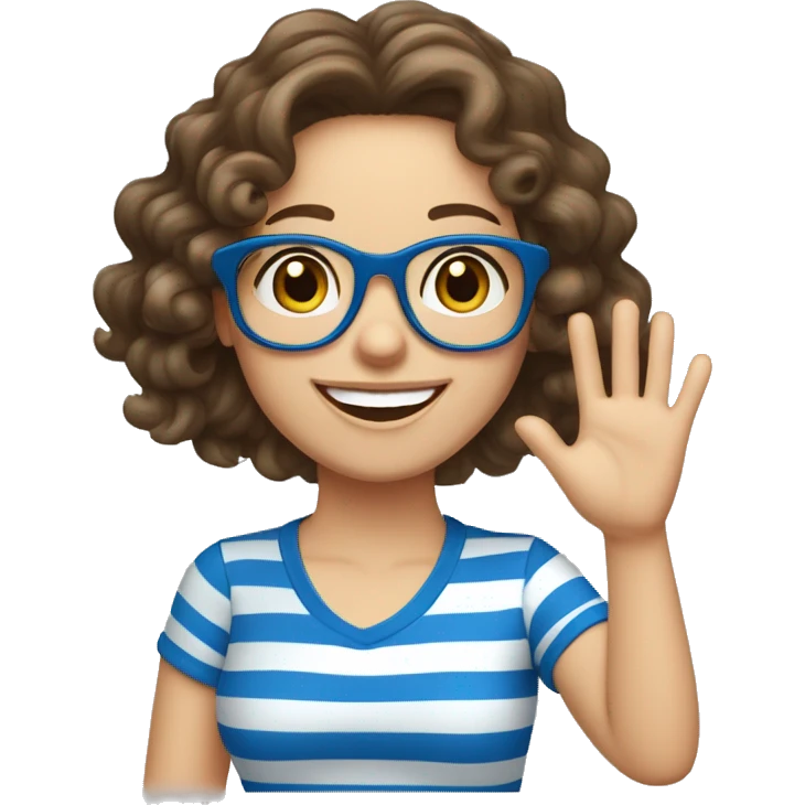 caucasian, curly brunette girl, in blue and white striped shirt and blue glasses, waving and smiling emoji