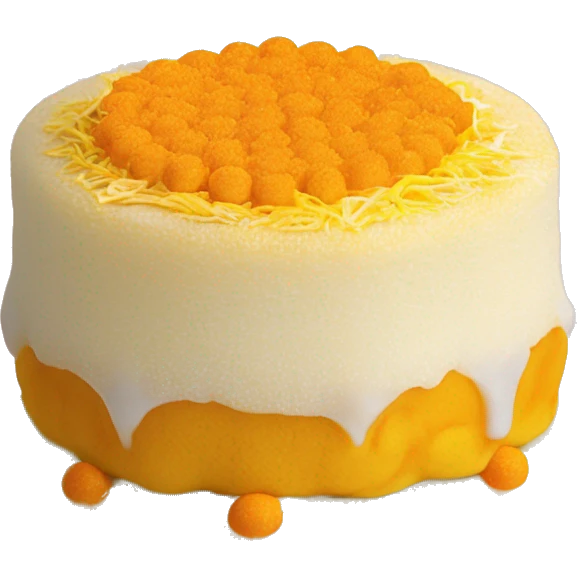 a Vietnamese salted egg sponge cake (bánh bông lan trứng muối). The emoji is round, soft, and yellow with bright orange salted egg yolks on top, small drizzles of white mayonnaise, and golden pork floss. emoji